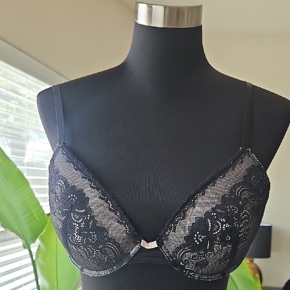 Black & Tan Lace Underwire Bra with Sheer Floral Cups
